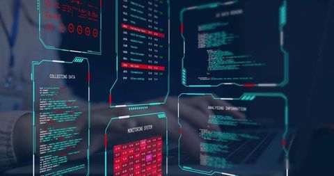 Futuristic hud data dashboards with developer typing on laptop for cyber analytics