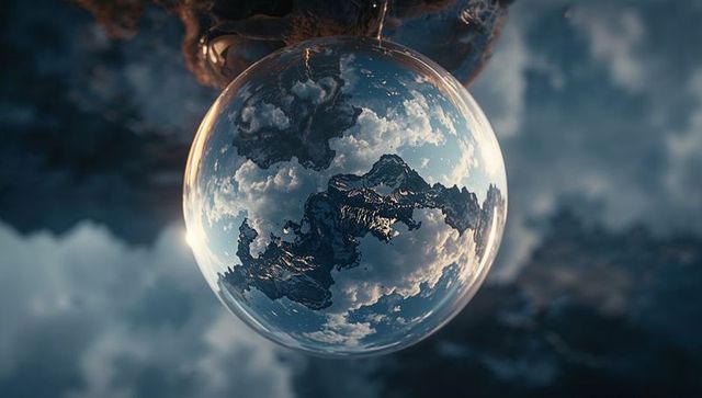 Surreal glass orb reflecting inverted mountain scene