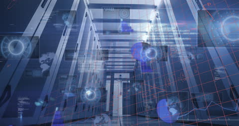 Data Processing and Futuristic Server Room Technology Interface