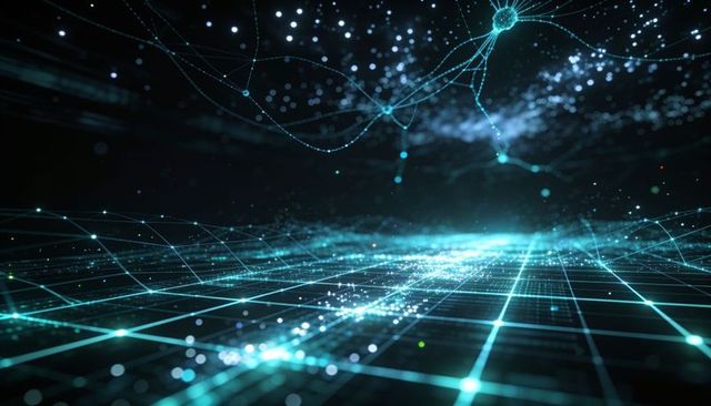 Glowing teal grid visualizing neural network data flow in futuristic cyberspace landscape