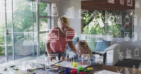 Mother Supporting Daughter in Creative Home Activity with Tech Overlay