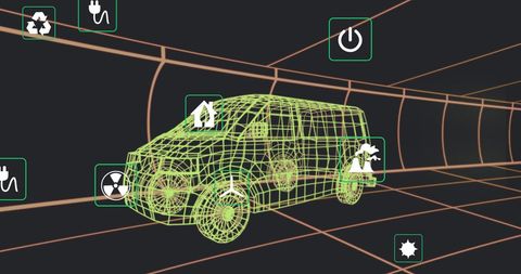 3d wireframe vehicle with digital technology icons