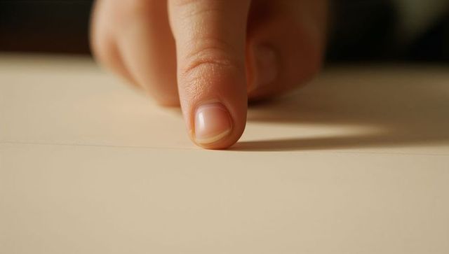 Closeup pressing fingertip on beige cardstock showing crease, texture and soft shadow
