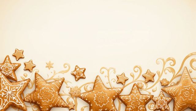 Arranging Gingerbread Star Cookies with White Icing and Gold Swirls on Festive Border