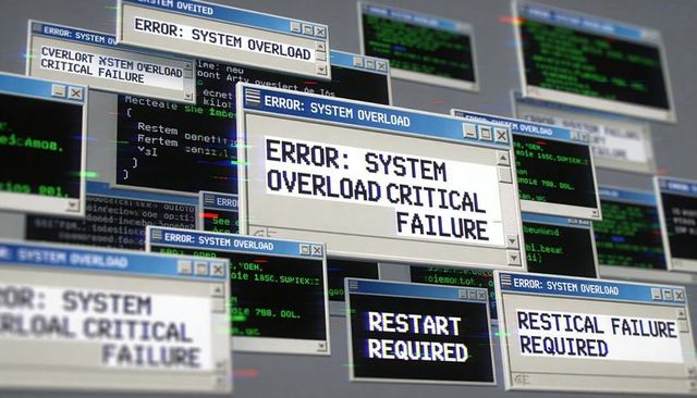 System overload error dialogs, glitchy crash screens and code windows background