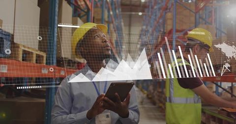 African American warehouse manager using tablet with AR analytics monitoring inventory and logistics
