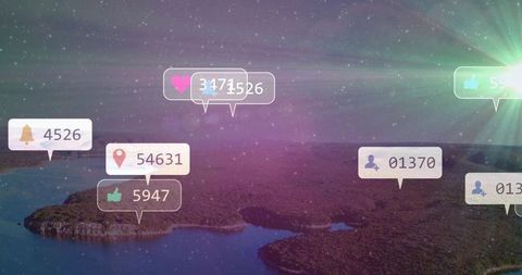 Social media notifications over aerial archipelago showing engagement counts, icons and lens flare