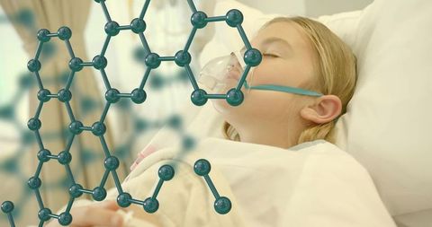 Sleeping child receiving oxygen therapy in hospital bed with molecular structure overlay