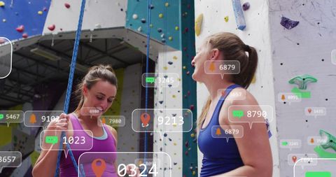 women rock climbing with digital notifications overlay - Download Free Stock Images Pikwizard.com