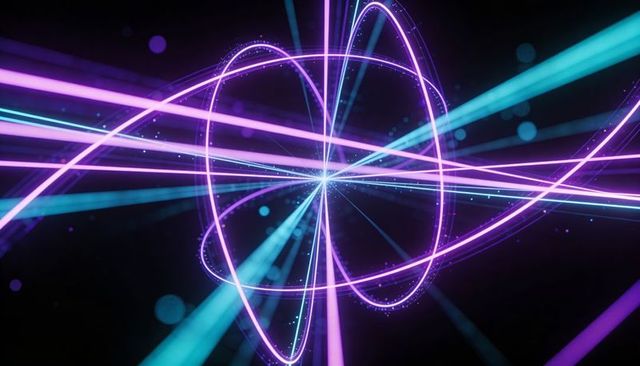 Pulsing neon rings forming atom-like structure in virtual void with glowing particles