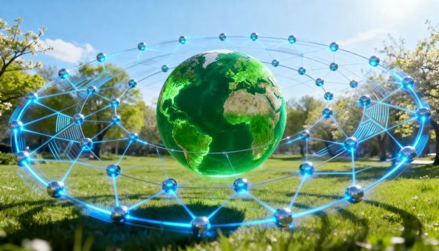 Green earth hovering inside glowing blue network ring above sunny park