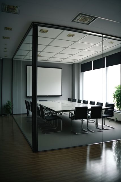 Modern conference room with glass walls, allowing natural light to illuminate office chairs and a large meeting table, creating an ideal space for business meetings and presentations. Suited for representing corporate environments, professional business settings, and contemporary workplace design in brochures, websites, and corporate presentations.