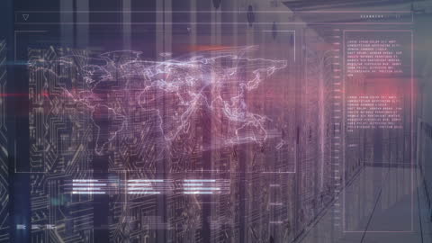 Global Networking and Data Processing Animation in Server Room