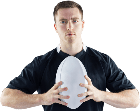Focused Rugby Player Holding Transparent Ball