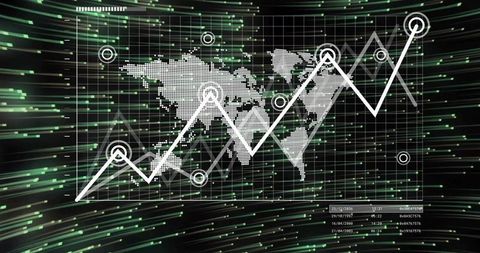Futuristic global data visualization showing rising line graph over dotted world map HUD