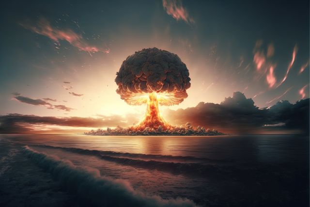 Powerful depiction of a nuclear explosion with a dramatic mushroom cloud over the ocean at sunset. The intense imagery conveys a sense of destruction, power, and apocalyptic atmosphere, useful for themes of war, fantasy, and science fiction. Ideal for illustrating concepts related to military power, catastrophic scenarios, and end-of-the-world situations.