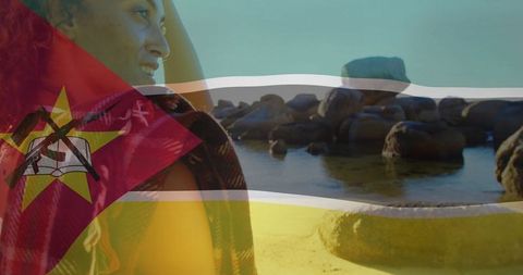 Serene beach exploration inspired by mozambique's iconic flag