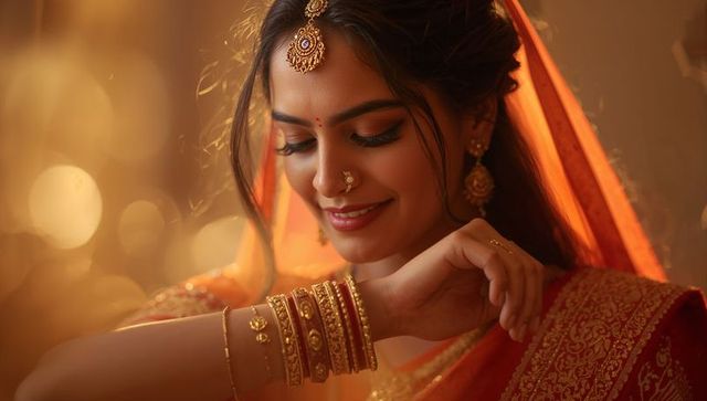 Indian bride smiling and gazing while lifting forearm to display gold jewelry in orange saree