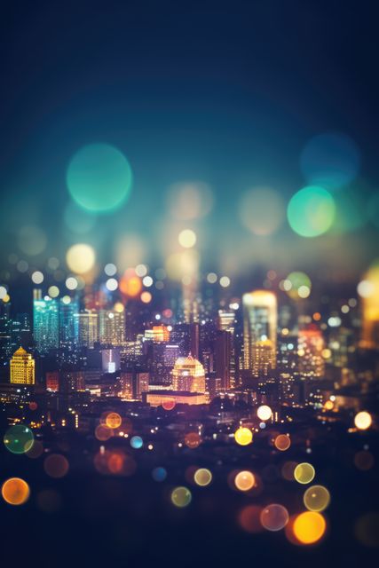 Vibrant bokeh lights overlaying a modern city's skyline at night. Ideal for use in promotional material, blogs, and articles focused on urban life, nightlife, cityscapes, and modern architecture. The vivid colors and blurred lights evoke a sense of excitement and activity.