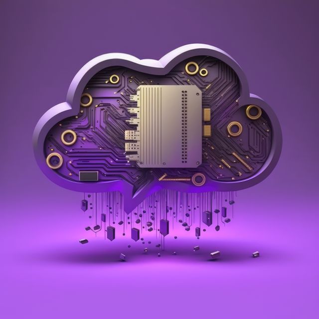Creative depiction of cloud computing with a circuit board and digital elements in purple hues. Ideal for illustrating concepts of data storage, cyber security, and innovative technology. Suitable for webpages, presentations, or marketing materials in IT, AI, networking, and technological innovation.