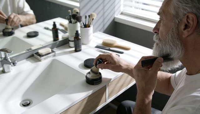 Senior man combing beard at sunlit bathroom vanity with grooming tools and mirror