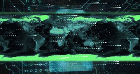 Futuristic World Map with Digital Network and Data Overlay