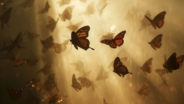 Monarch butterflies flocking through golden sunbeams and mist in woodland