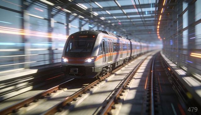 High-speed electric commuter train racing along curved elevated rail with orange stripe