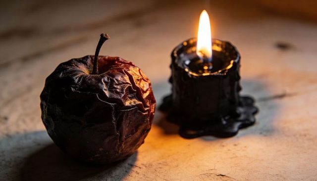 Withering apple beside melting black candle casting warm glow on rustic surface