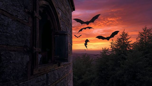 Bats Soaring Across Vibrant Sunset Sky by Stone Tower