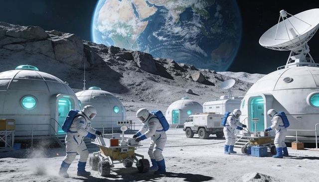 Astronauts Repairing Rover at Futuristic Lunar Base with Earth Rising Over Domed Habitats