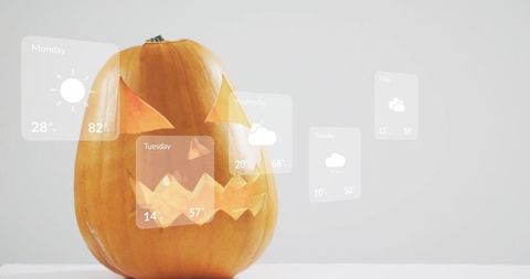 Modern jack-o'-lantern displaying floating weather forecast tiles for halloween tech mockup