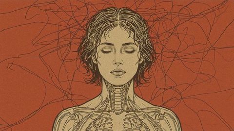 Illustrative female anatomy with negative energy skeletal and nerve systems