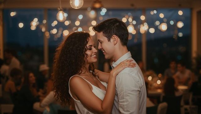 Romantic couple embracing at evening reception with warm bokeh lights and hanging bulbs