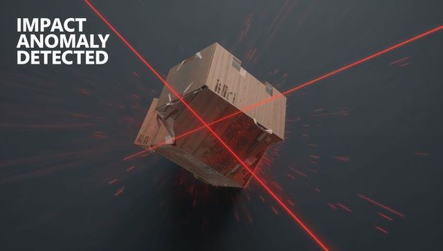 Laser scanning wooden crate detecting impact anomaly with red beams and sparks