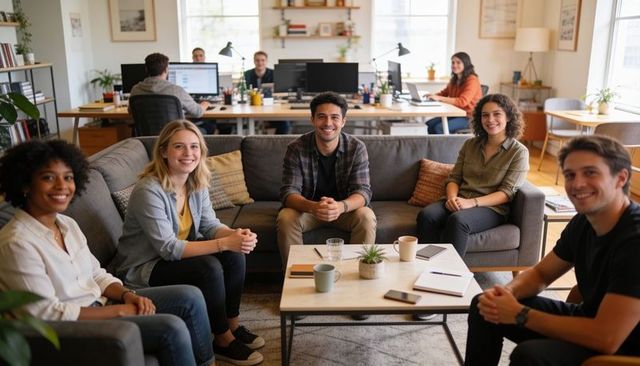Creative young team collaborating and smiling in casual coworking lounge with warm daylight