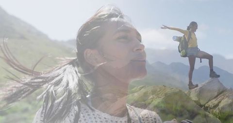 Adventurous Female Explorer Hiking in Majestic Mountains Double Exposure