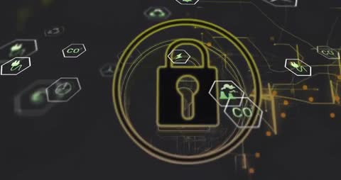 Glowing Padlock with Abstract Energy Icons in Digital Space