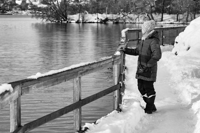 Person standing on a snow-covered path by a waterfront, dressed in winter clothing and gazing over the railing. Captures the peacefulness and quiet of winter. Ideal for use in winter-themed advertisements, travel articles, or outdoor lifestyle blogs.