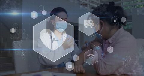 Healthcare Professional Administering Vaccine with Futuristic Overlay