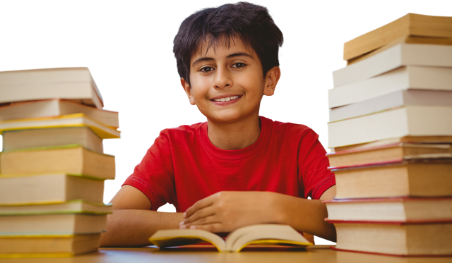 Smiling Boy Reading Book with Stacks of Books Transparent Background - Download Free Stock Videos Pikwizard.com