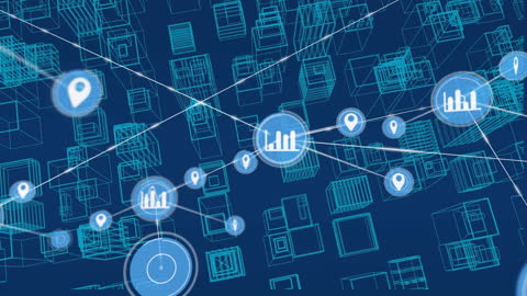 Digital Network with 3D City Model and Data Icons in Blue