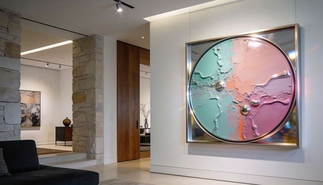 Pastel circular relief sculpture with chrome orbs on gallery wall in minimalist interior