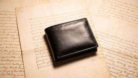 Black leather bifold wallet resting on vintage handwritten manuscripts with warm sepia tone