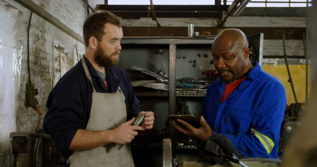 Two Workers Collaborating in Industrial Workshop - Download Free Stock Images Pikwizard.com