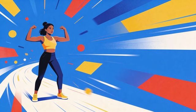 Strong female athlete flexing on curved path with dynamic colorful motion background