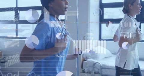 Nurses responding to monitor alerts in busy hospital ward with data overlays