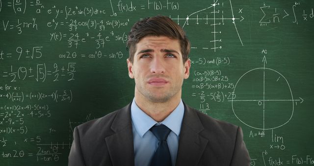 Image of confused Caucasian man looking up in front of chalkboard with moving mathematical graphs and formulae written in chalk