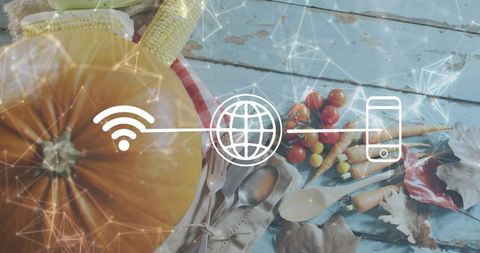 Autumn harvest connecting rustic pumpkin and vegetables to wireless global mobile network