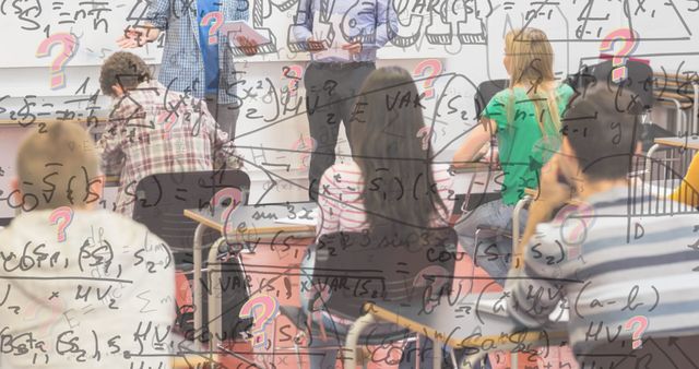 Image of mathematical equations and diverse students with teacher in classroom. education, knowledge and school concept digitally generated image.